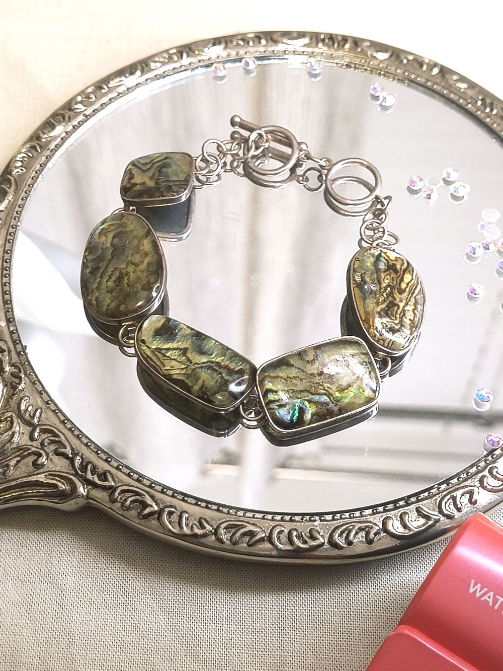 Vintage Lucas Lameth LUC 925 Sterling Silver Abalone Shell Link Bracelet 8"